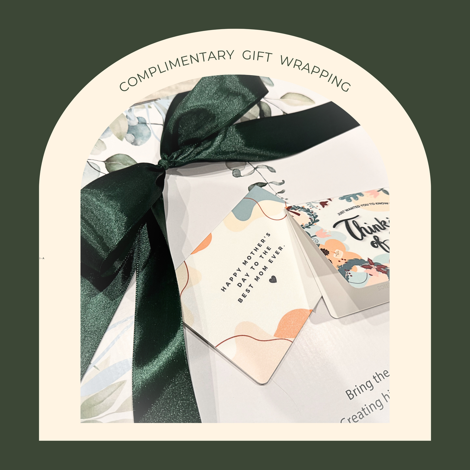 complimentary gift wrapping includes a ribbon tied to a bow and a handwritten card.