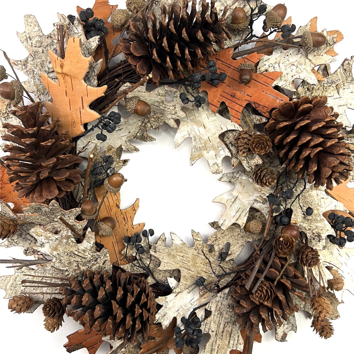 closer look at the fall winter dried floral wreath with pinecones and birch barks for rustic decors