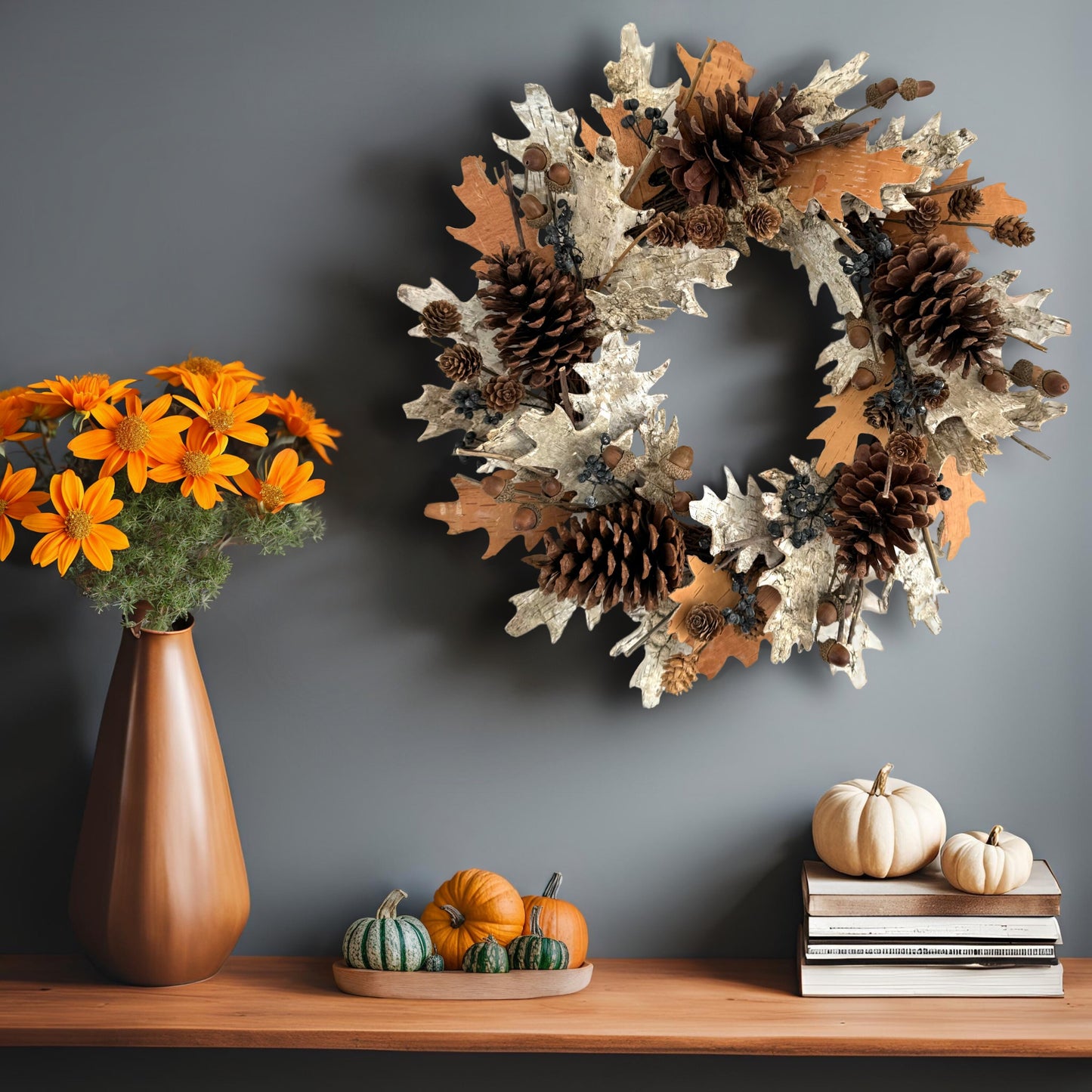 dried natural wreath on a grey wall on top of the wooden table with pumpkin decorations and orange flowers on it