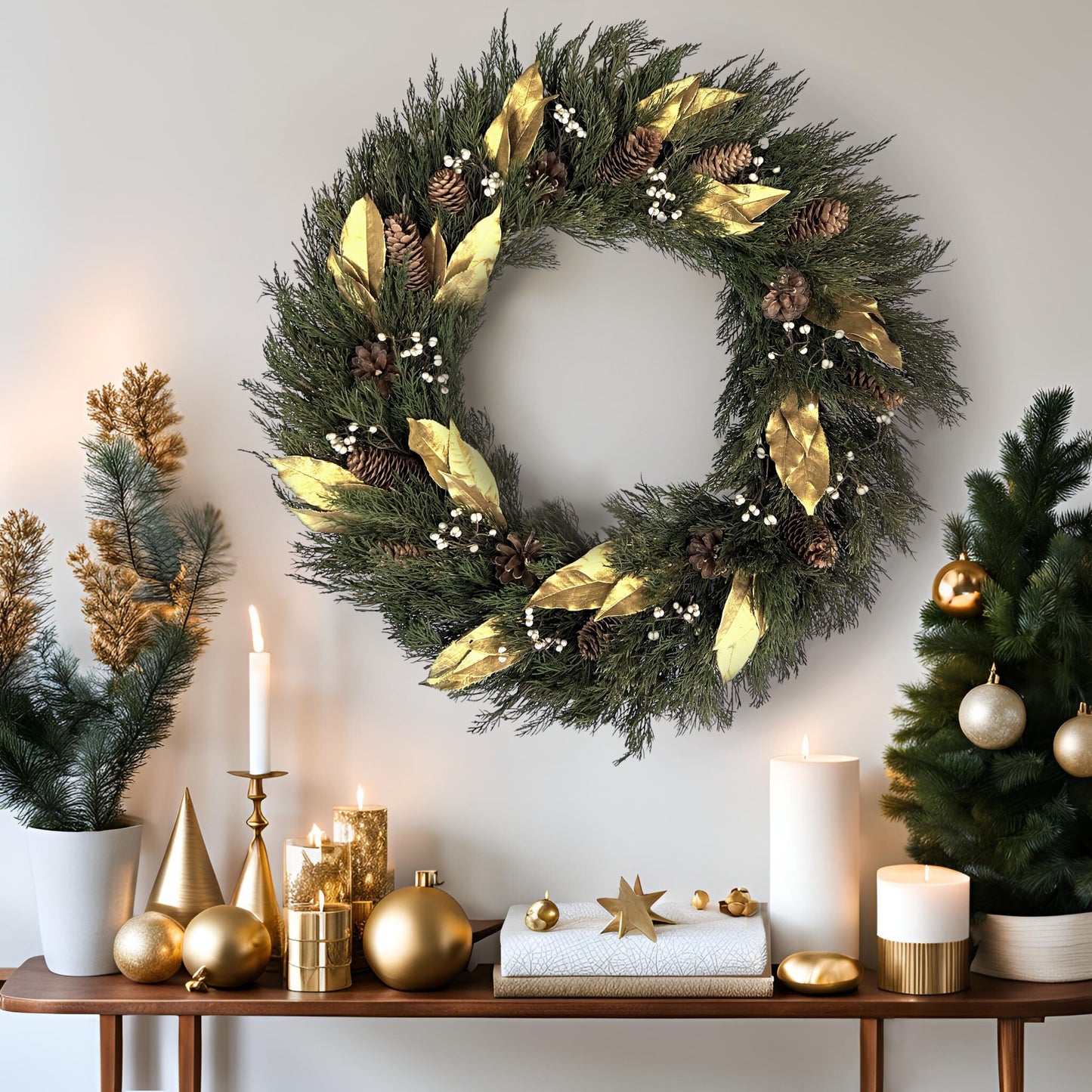 large preserved holiday wreath hanging above a wooden table full of gold and white christmas decors and greenery