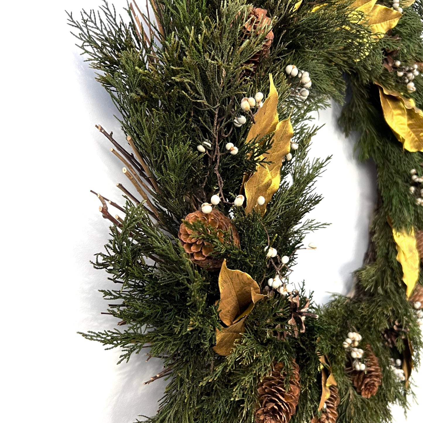 side view of the large christmas wreath for holiday parties and celebrations