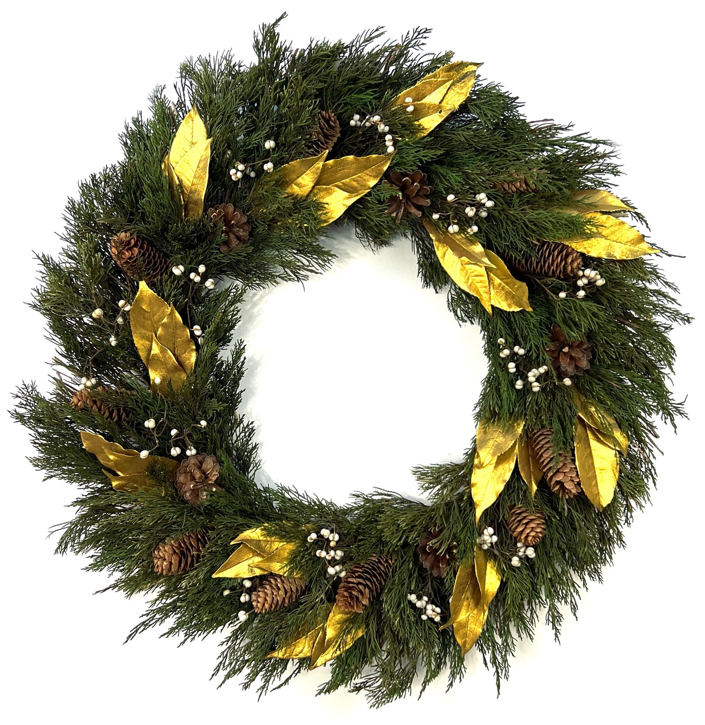 large christmas wreath with preserved juniper and olive leaves topped with pinecones and tallow berries