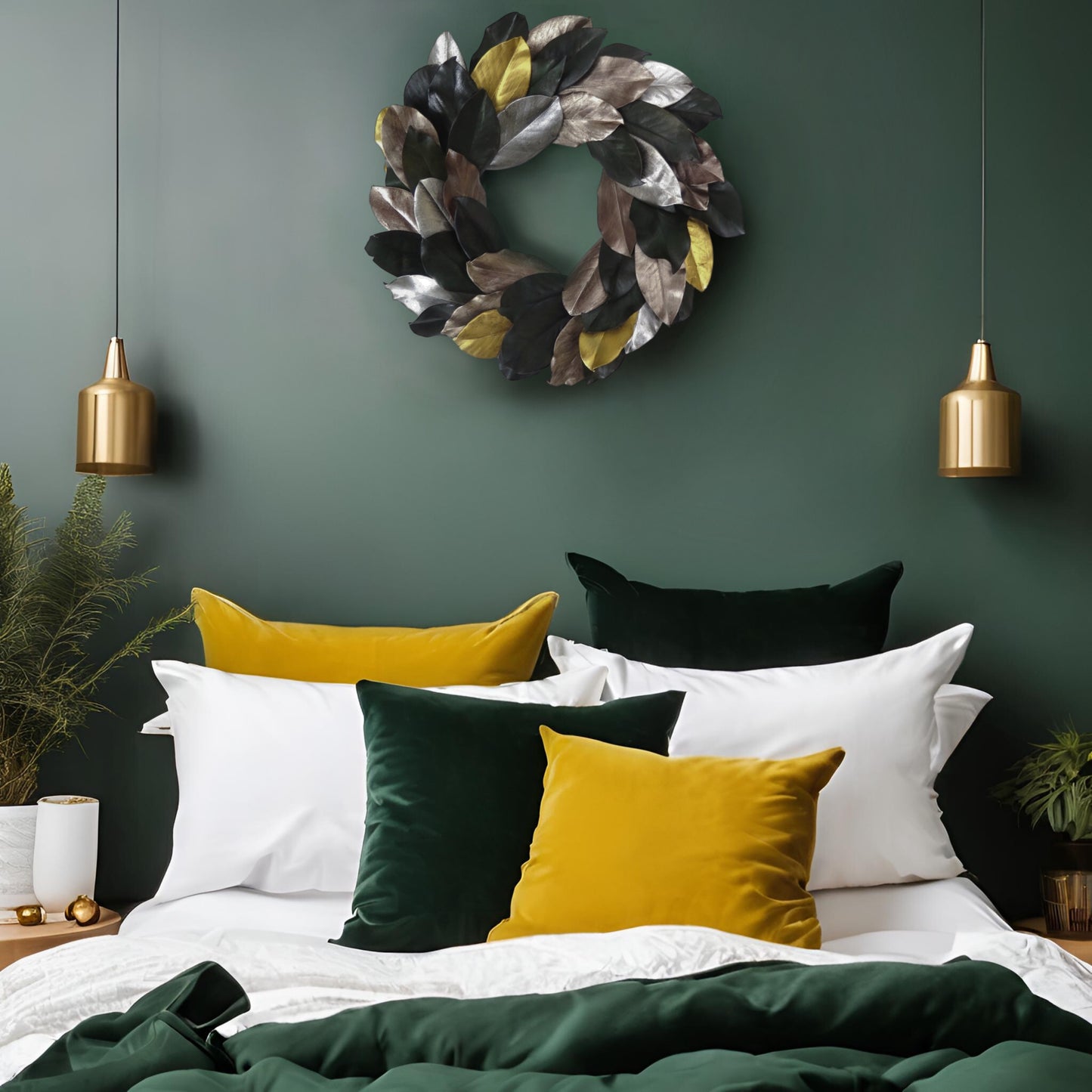 preserved magolia wreath hanging on a green wall above a bed with dark green and mustard yellow pillow cases on it
