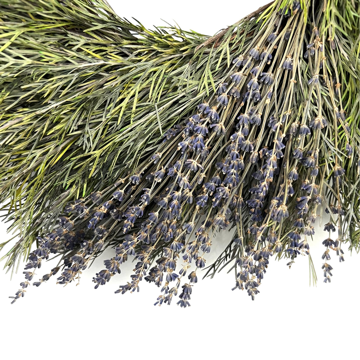closeup look of the lavenders on the preserved natural wreath for all seasons