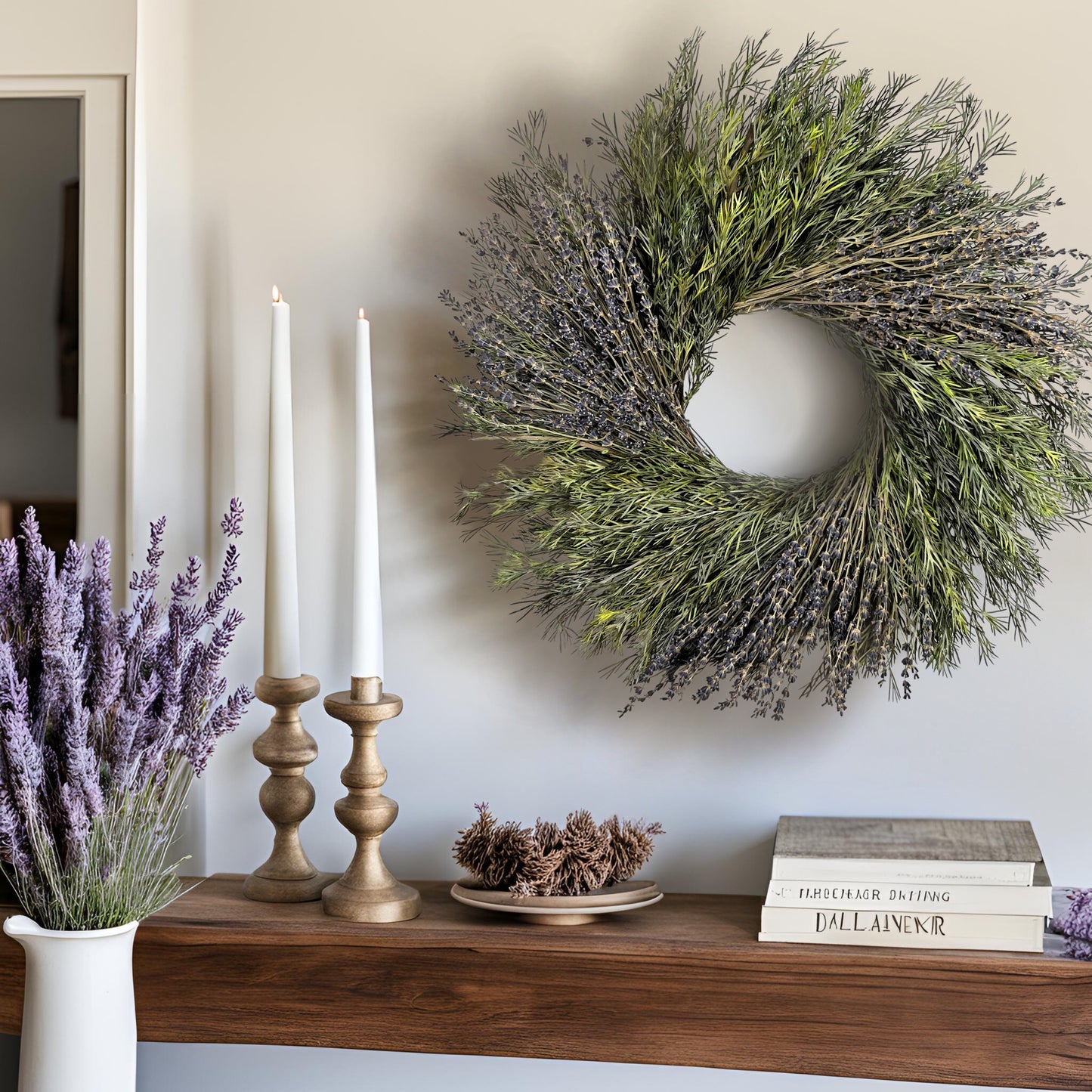 purple preserved wreath hanging above a table with tapered candles and books on it