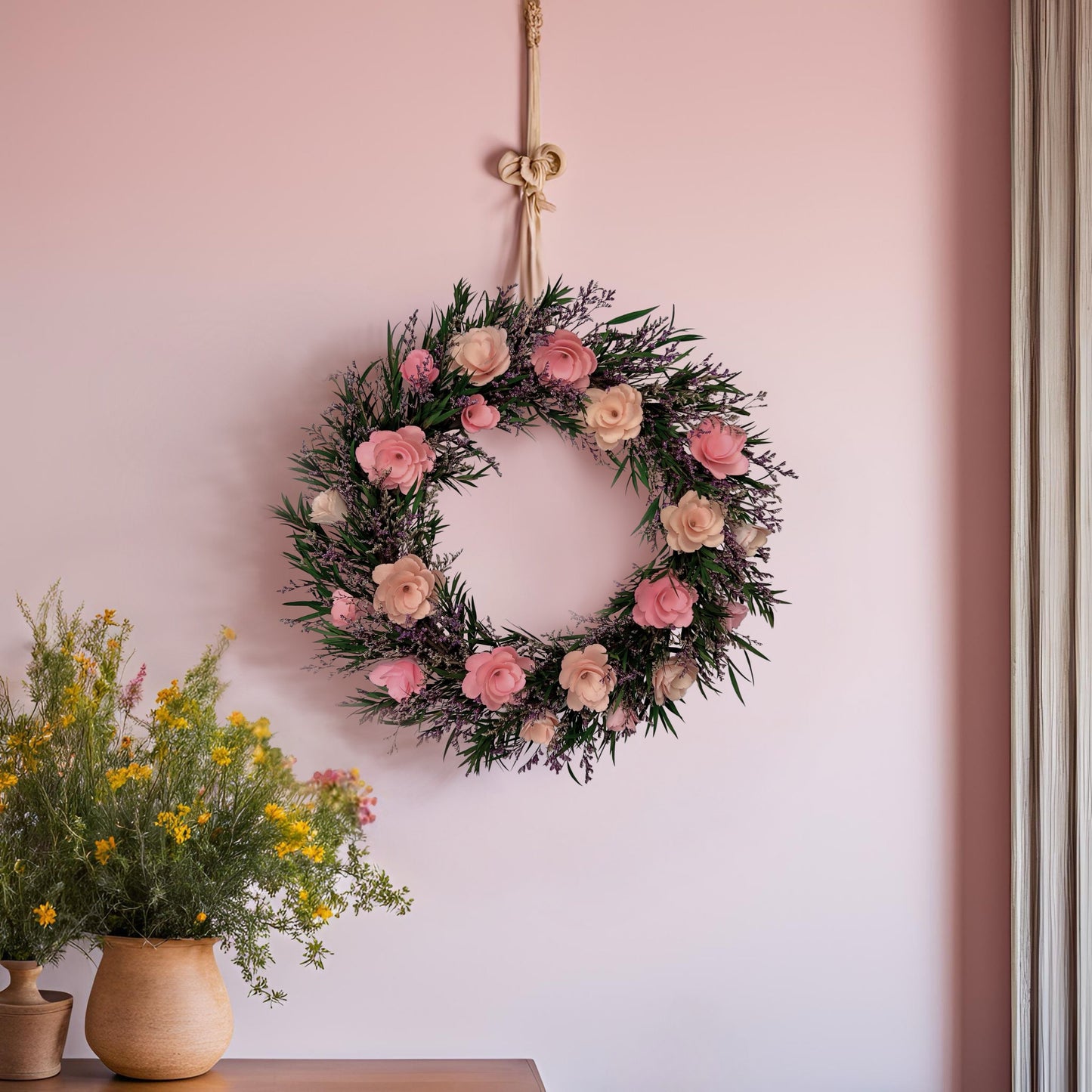 preserved floral wreath with pink and purple flowers hanging on a pink wall.