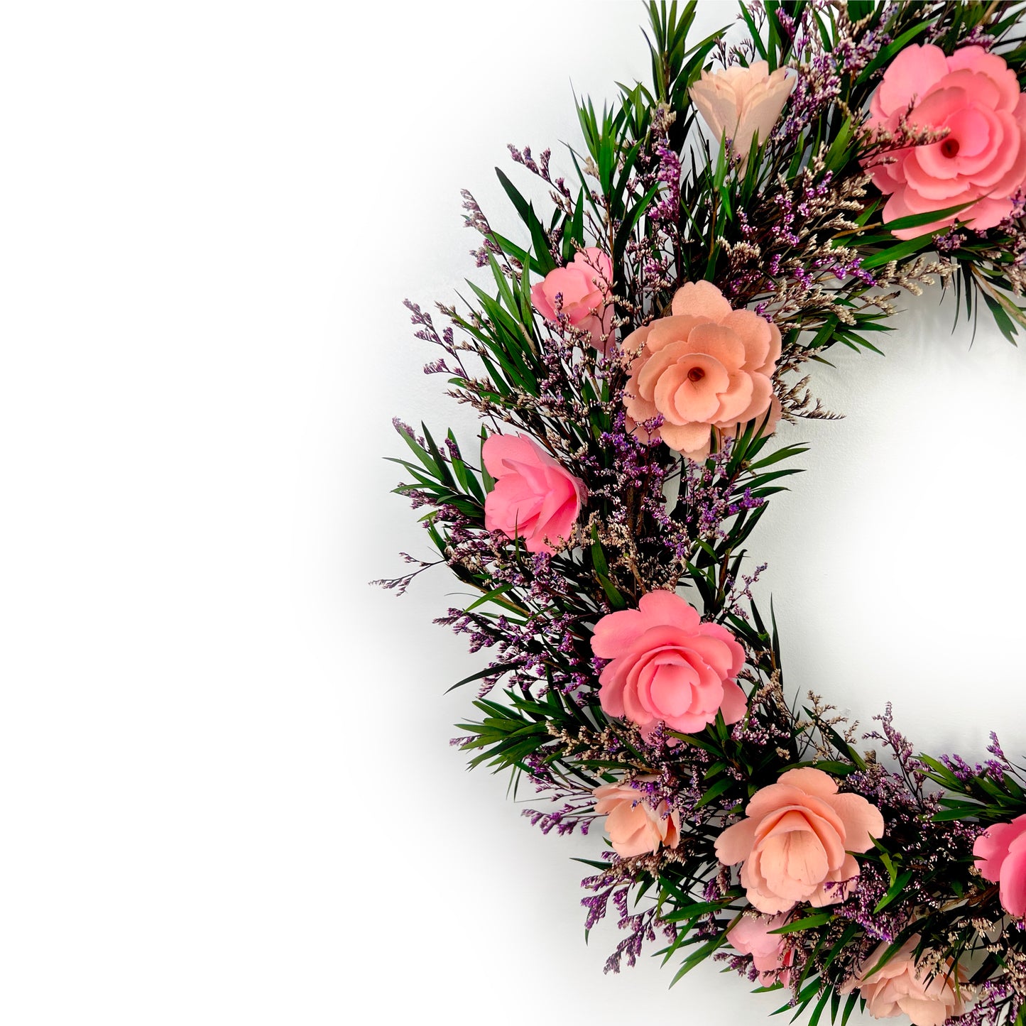 preserved spring wreath with pink and purple flowers for holidays and celebrations