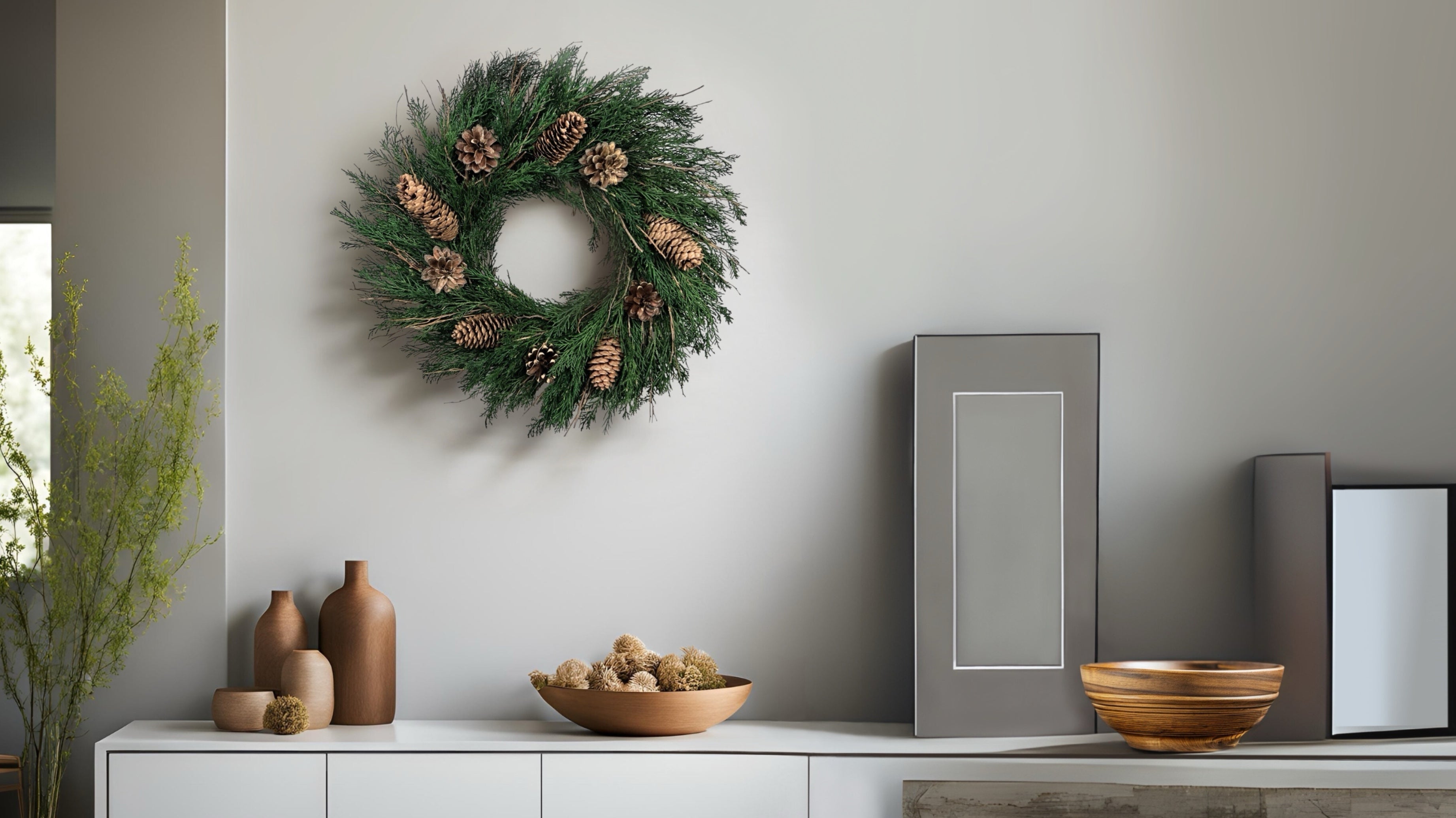 a modern living room with a preserved pinecone wreath decor on the white wall, hanging above a white sideboard with wooden decorations and pinecones on it