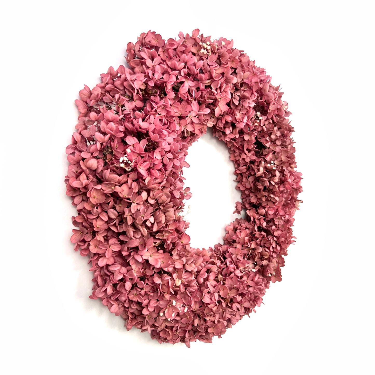 side view of the preserved pink hydrangea spring wreath for holidays and celebrations