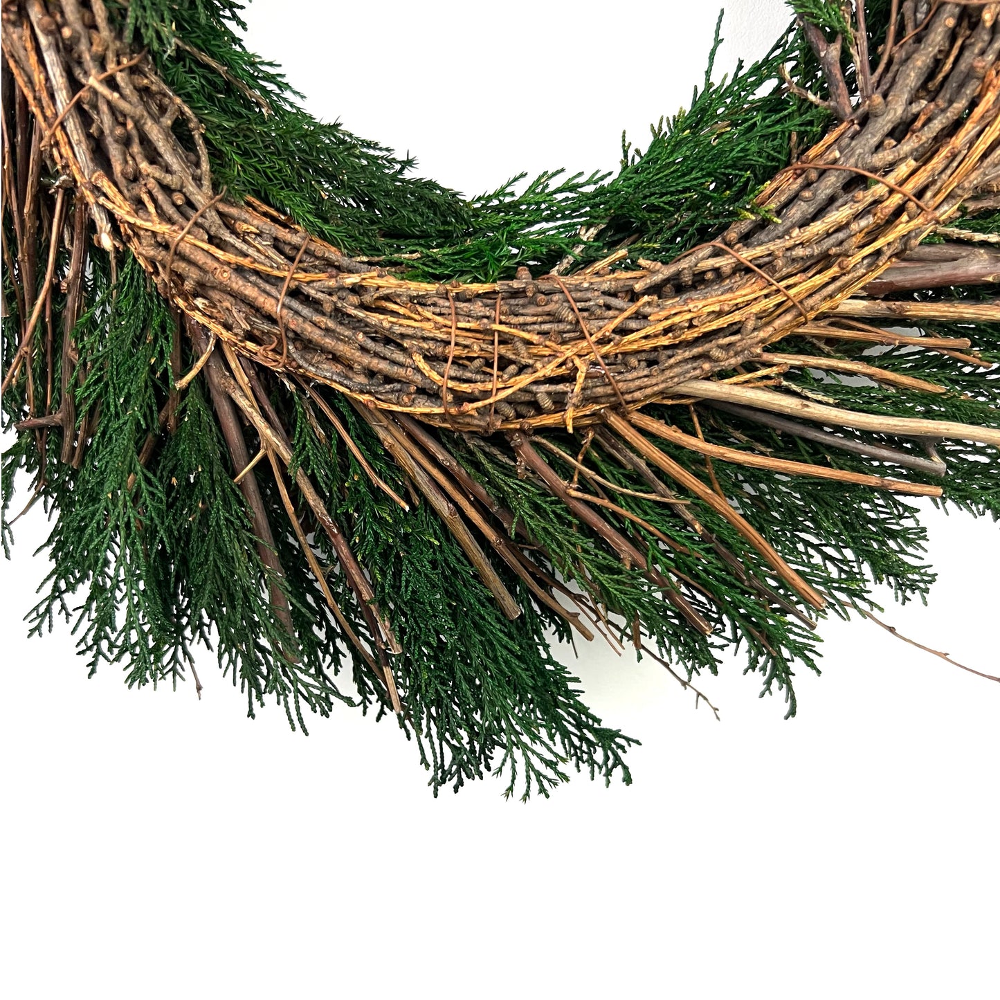 back of the preserved juniper christmas wreath made from dried pine twigs
