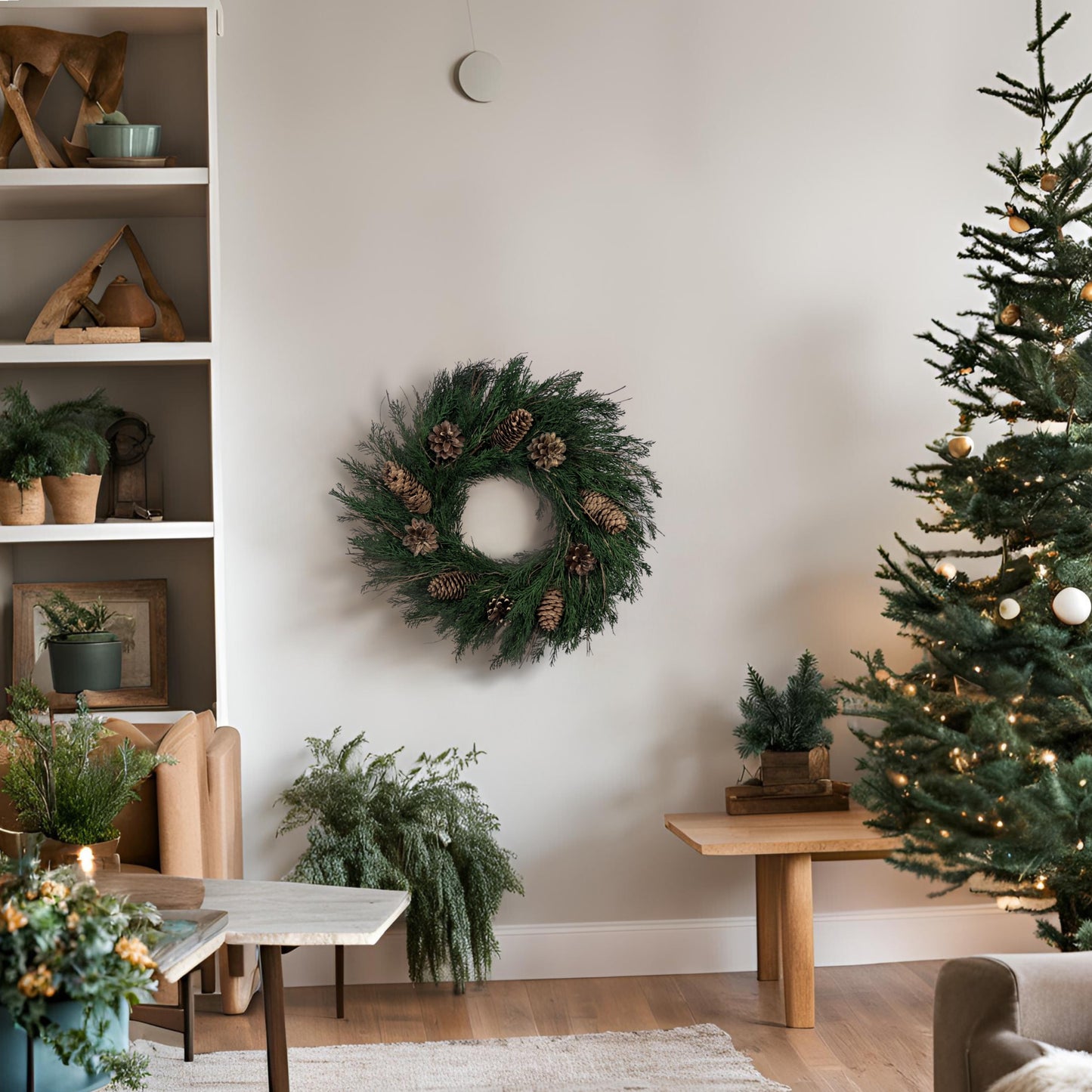 preserved rustic wreath on the white wall surrounded by christmas greenery and wooden elementds
