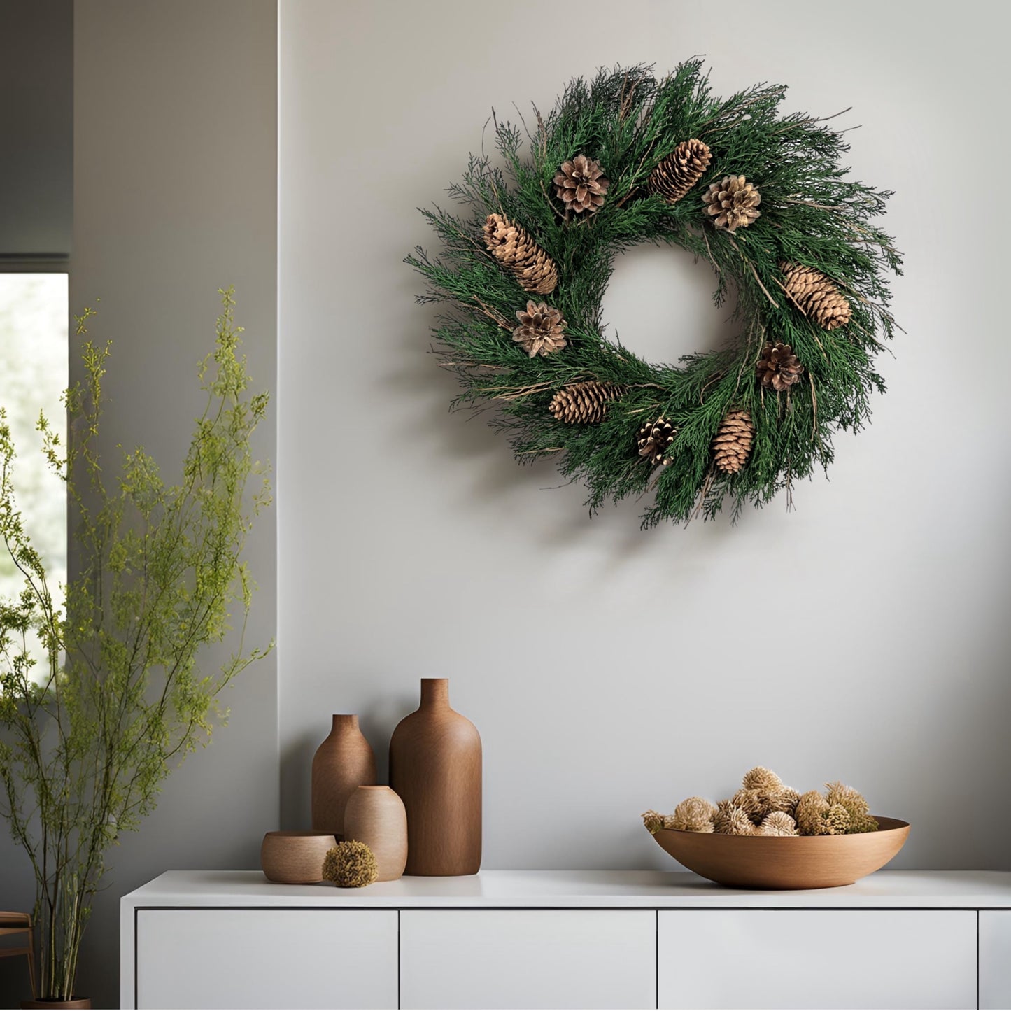 handmade preserved winter wreath on a white wall on top of a modern cabinet with wooden decorations on it