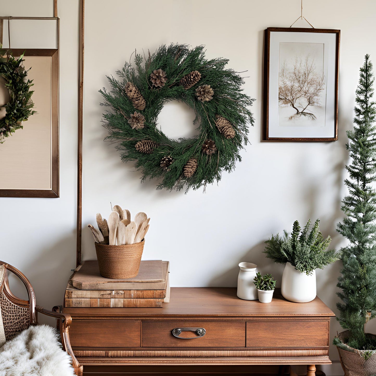 preserved christmas wreath on the wall in a room full of evergreens and vintage decors