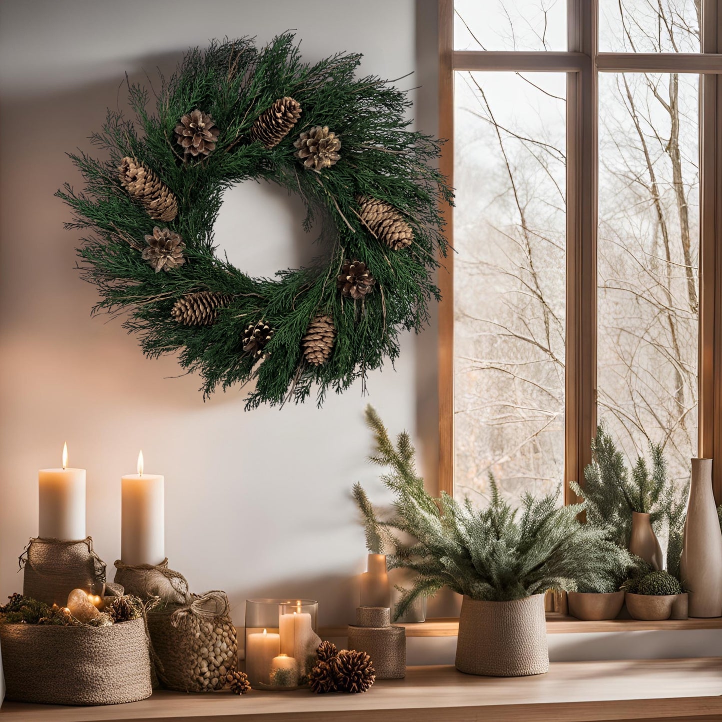 preserved natural christmas wreath with pinecones on the wall by a rustic window surrounded by candles and other winter greeneries