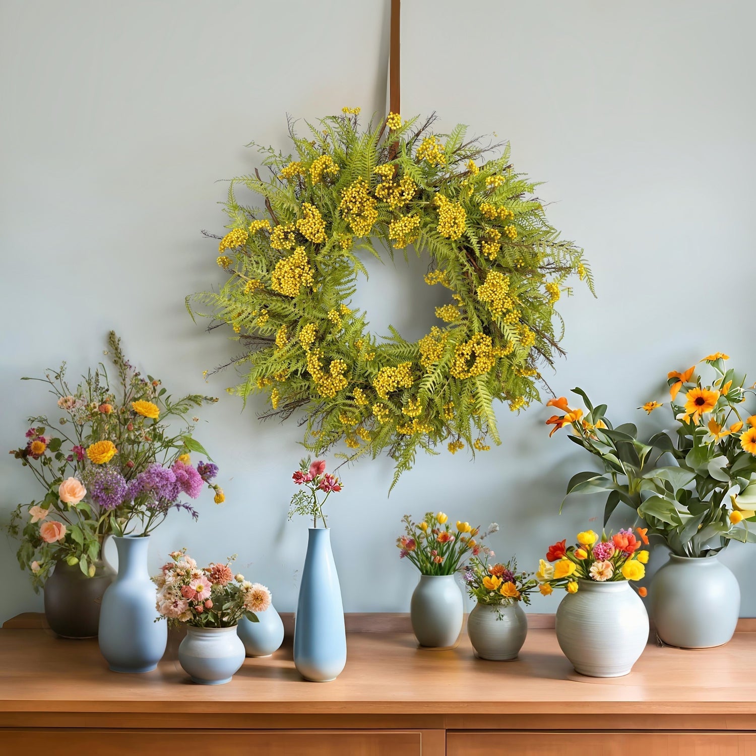 Preserved yellow rice flower and fern wreath hanging above a wooden table with pastel vases and spring floral arrangements