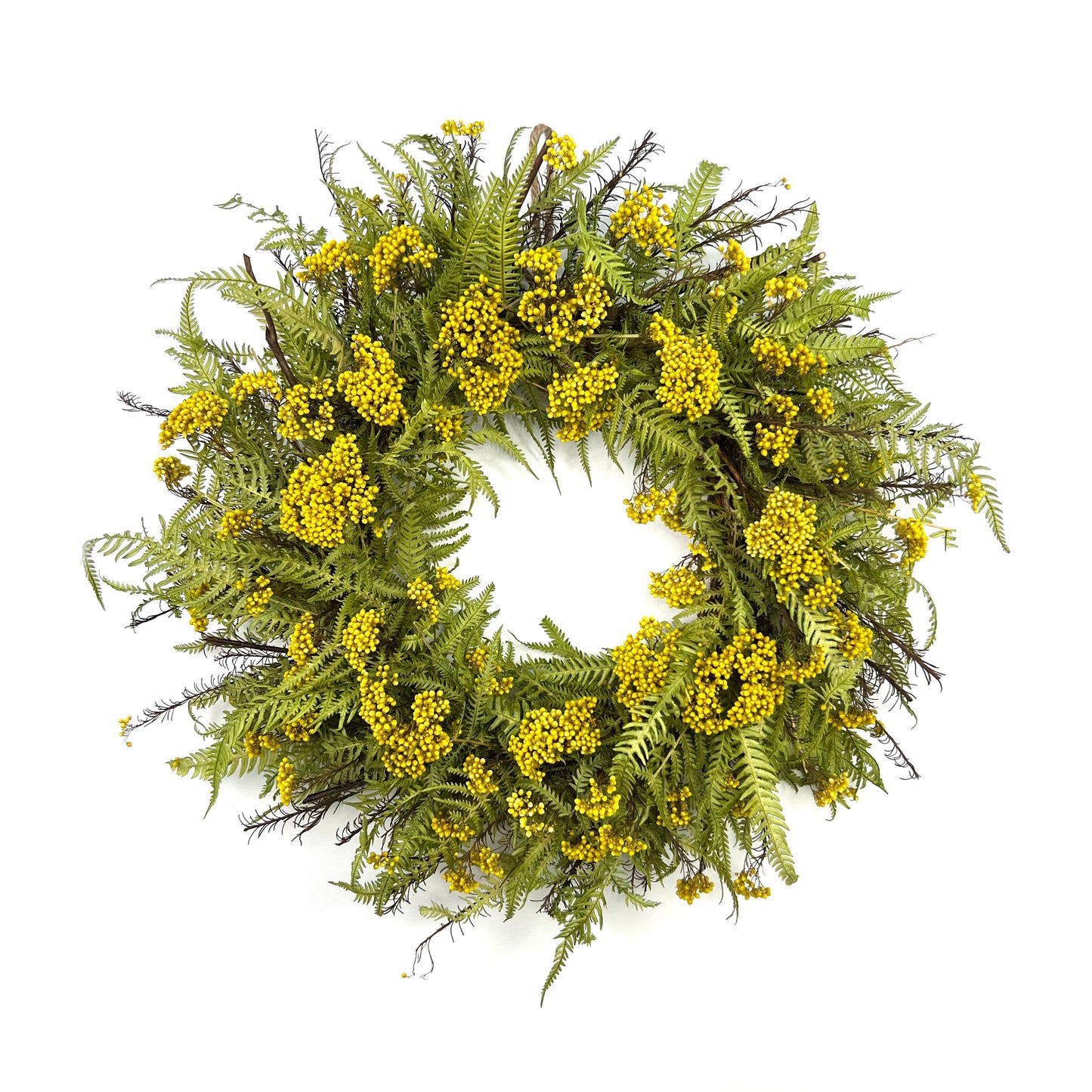 front view of the handmade summer wreath of rice flower and fern