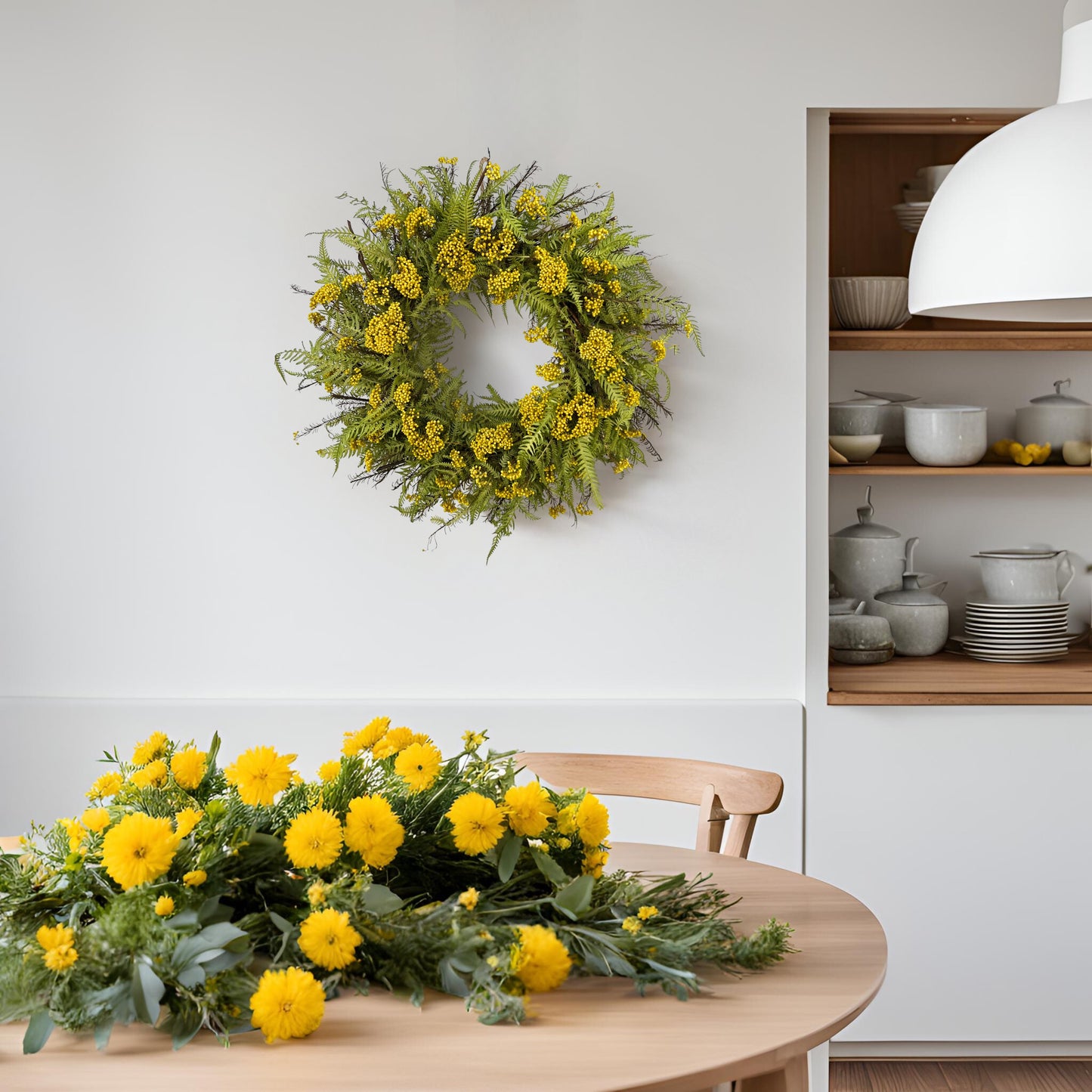 a rice flower and fern wreath hanging on the white wall in the dining room with lots of yellow flowers on the table