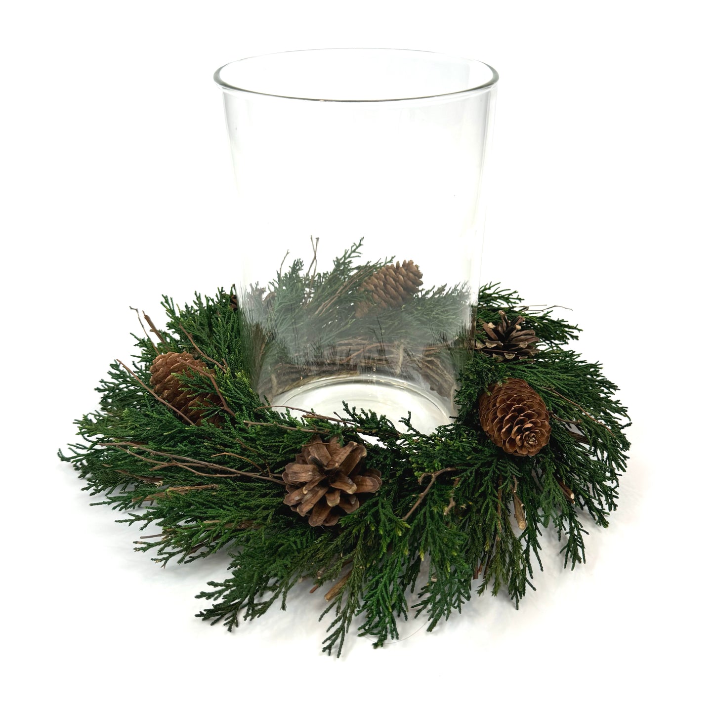 small Christmas centerpiece set with preserved candle ring wreath and glass candleholder