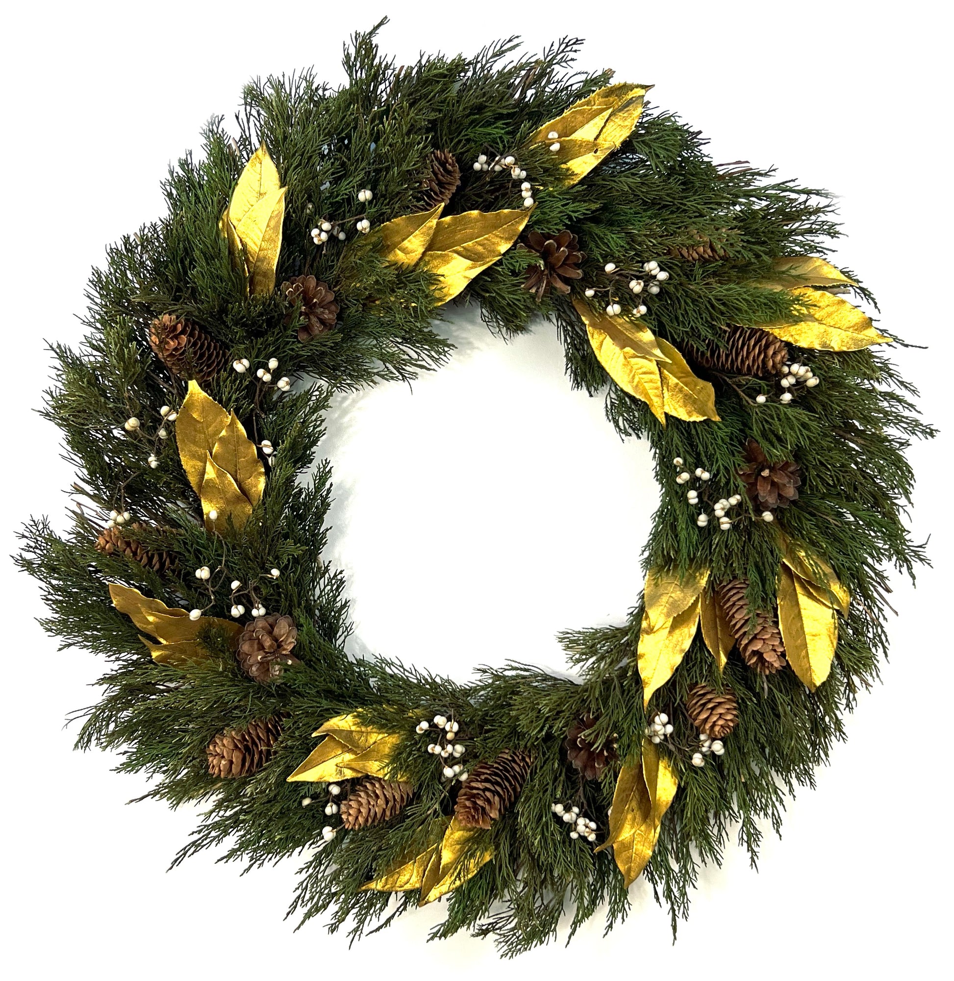 large christmas wreath with preserved juniper and olive leaves topped with pinecones and tallow berries