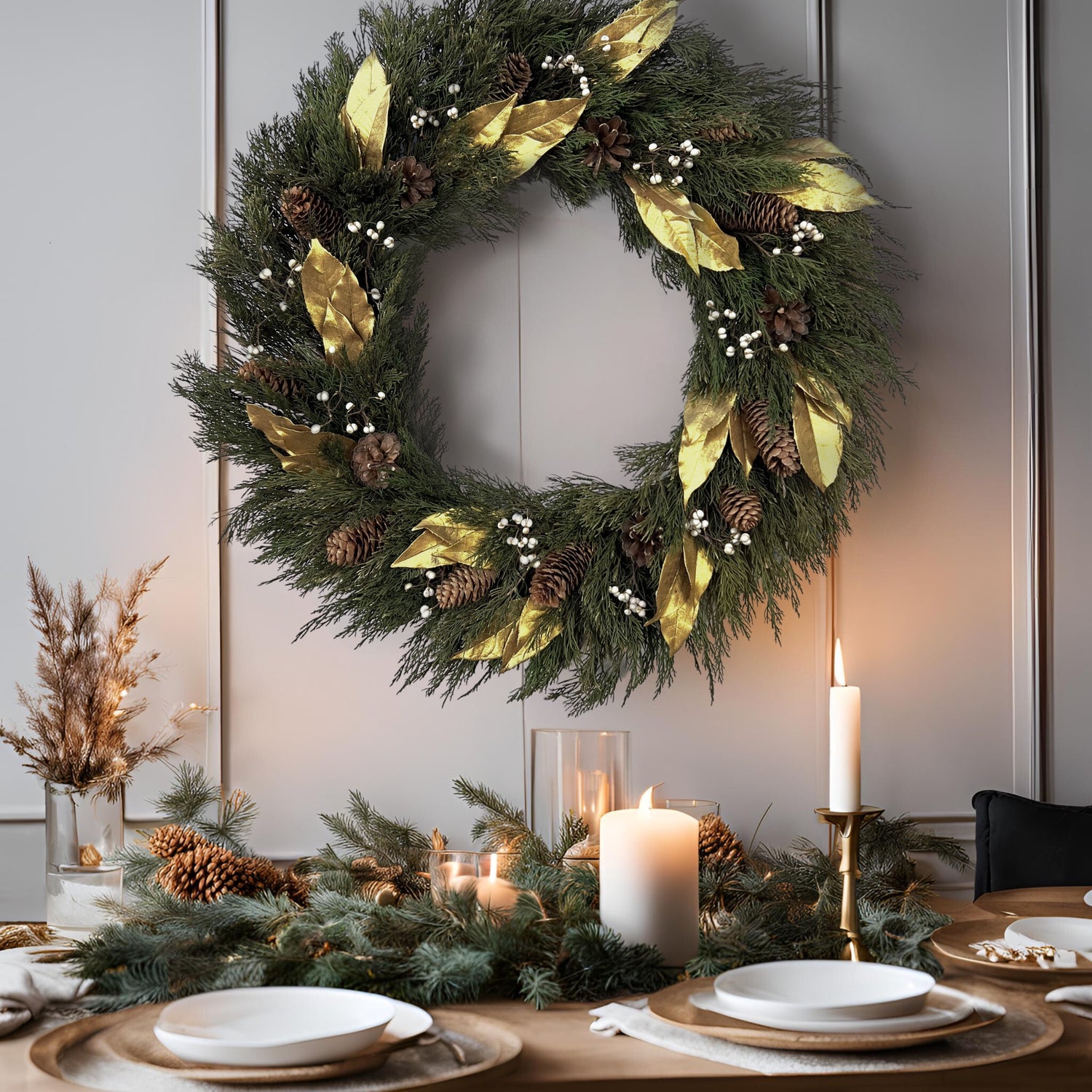 large size holiday wreath hanging above a long wooden dining table with green and gold christmas dinner setup on it