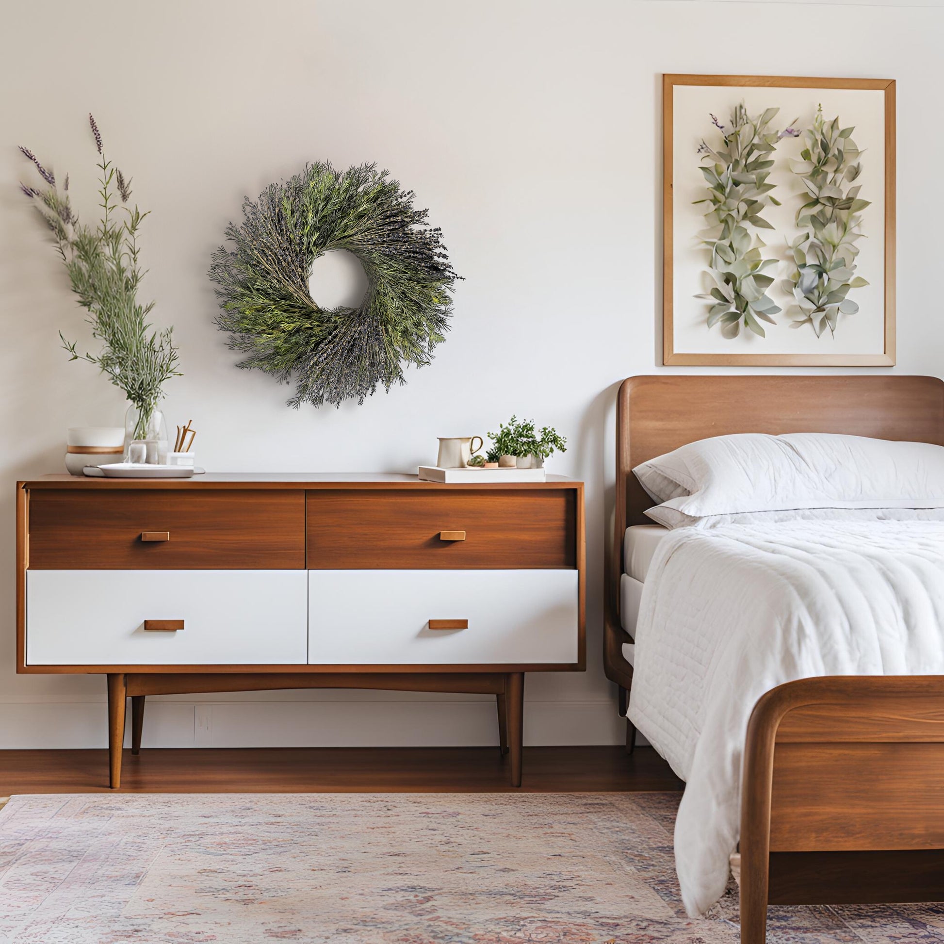 preserved boho wreath hanging on top of a sideboard in a mid-century modern bedroom