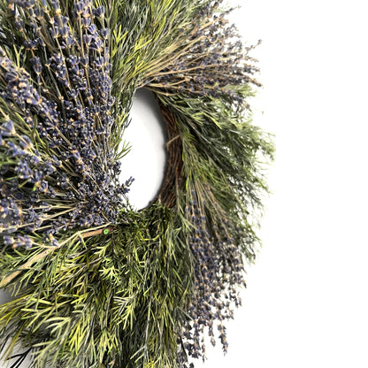 side view of the preserved boho wreath with lavender and grevillea leaves