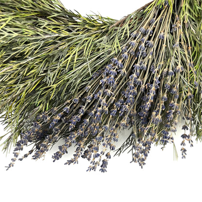 closeup look of the lavenders on the preserved natural wreath for all seasons