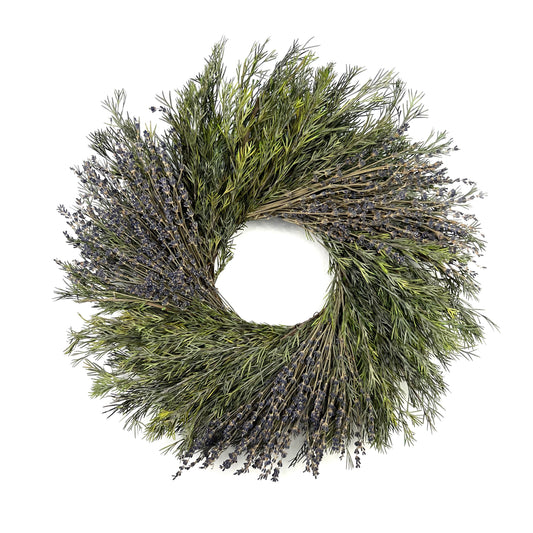 preserved farmhouse boho wreath with lavender and grevillea leaves