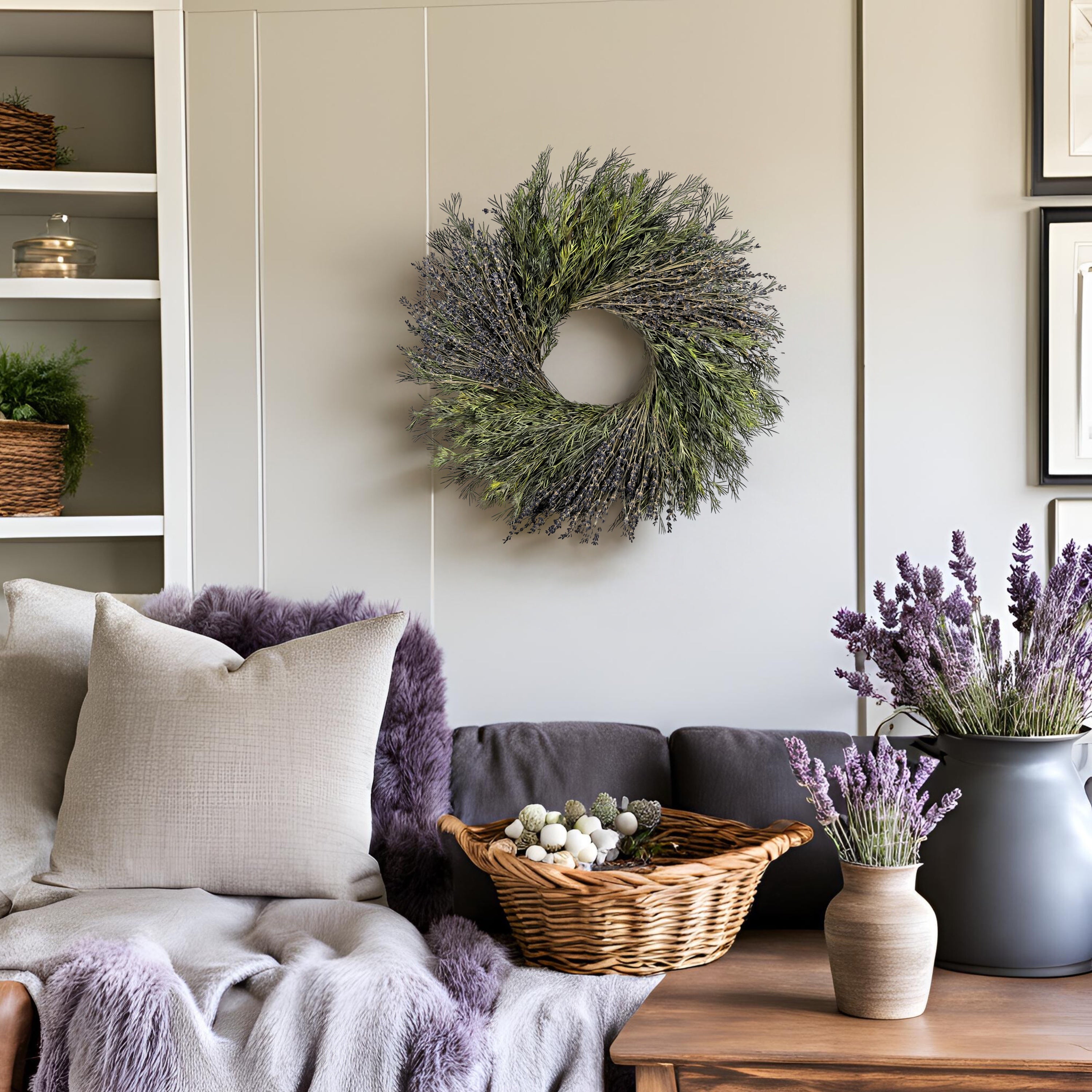 preserved boho wreath hanging in the living room with purple throw and lavender decorations