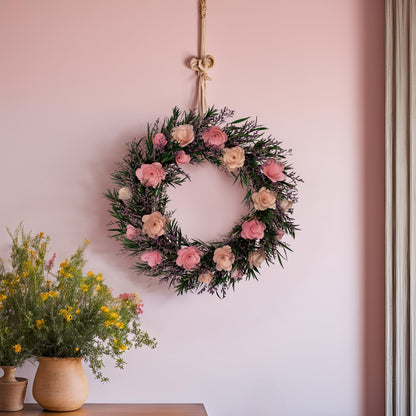 preserved floral wreath with pink and purple flowers hanging on a pink wall.