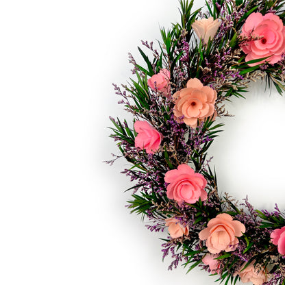 preserved spring wreath with pink and purple flowers for holidays and celebrations