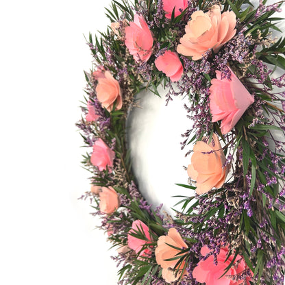 pink preserved natural wreath with handmade wooden flowers for a boho look