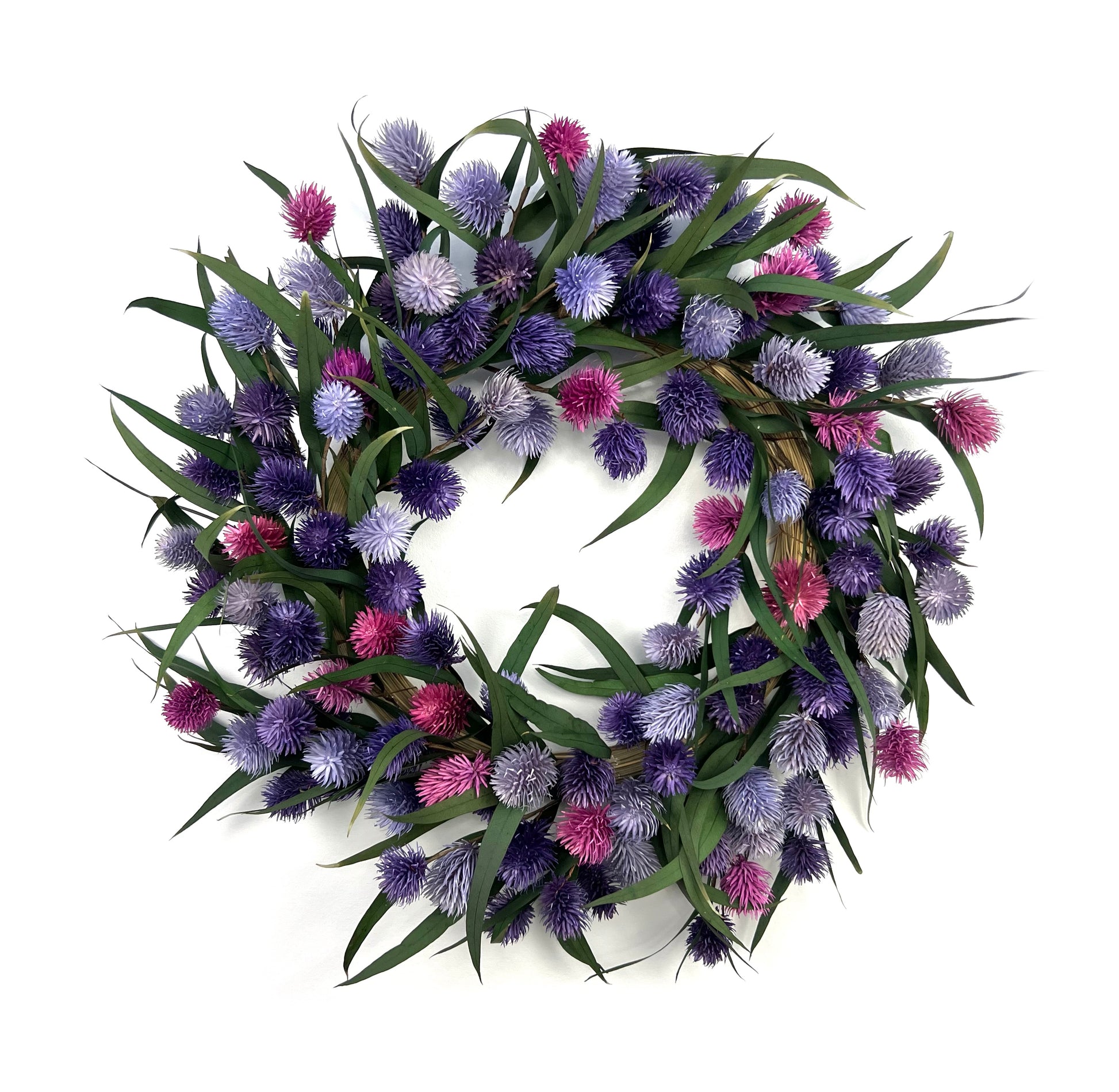 colorful preserved natural eucalyptus wreath for purple and pink decorations