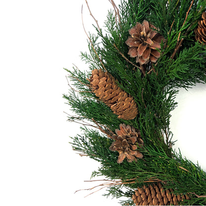 left side of the preserved juniper wreath with pinecones for farmhouse rustic decors