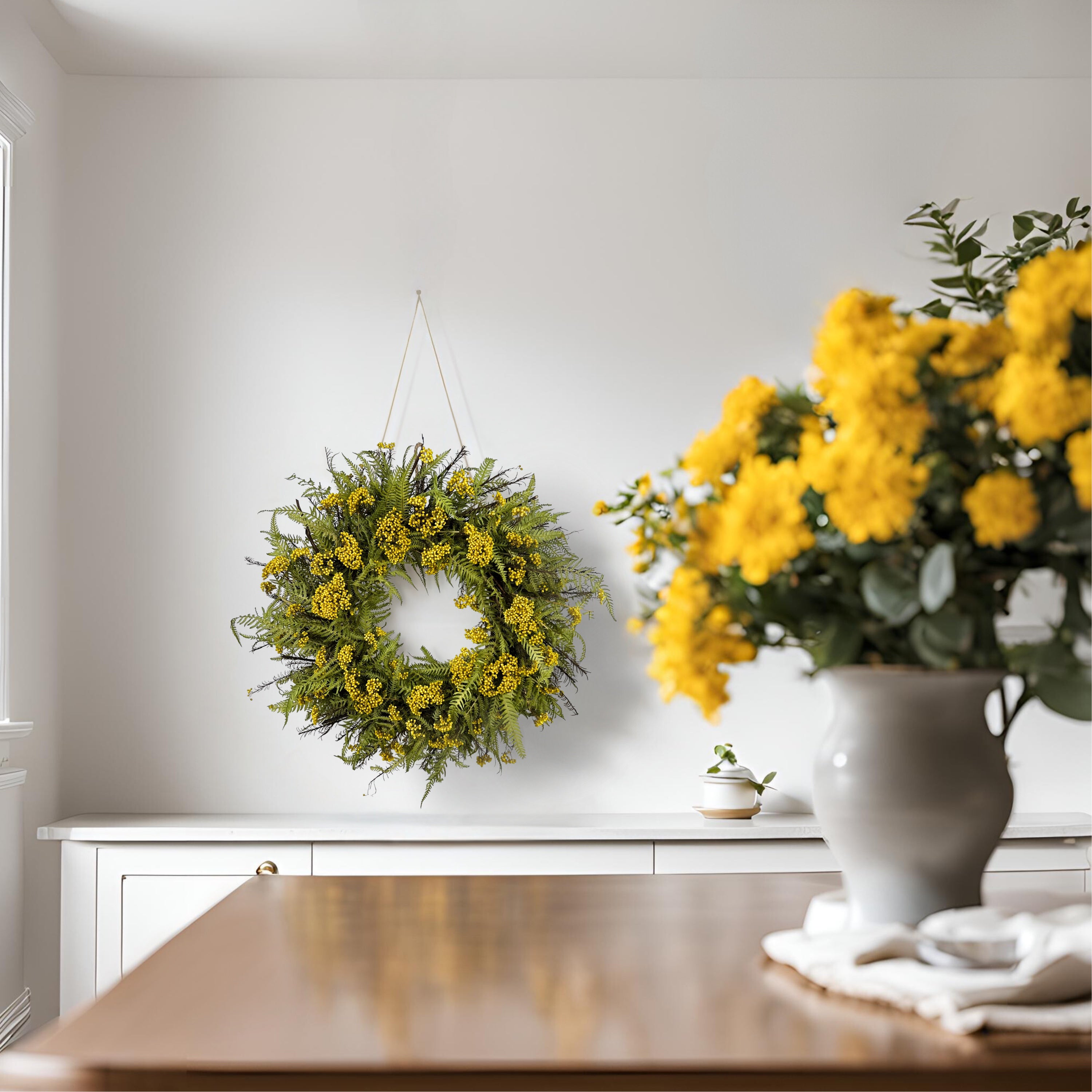 preserved yellow rice flower and fern wreath on the wall for spring decoration