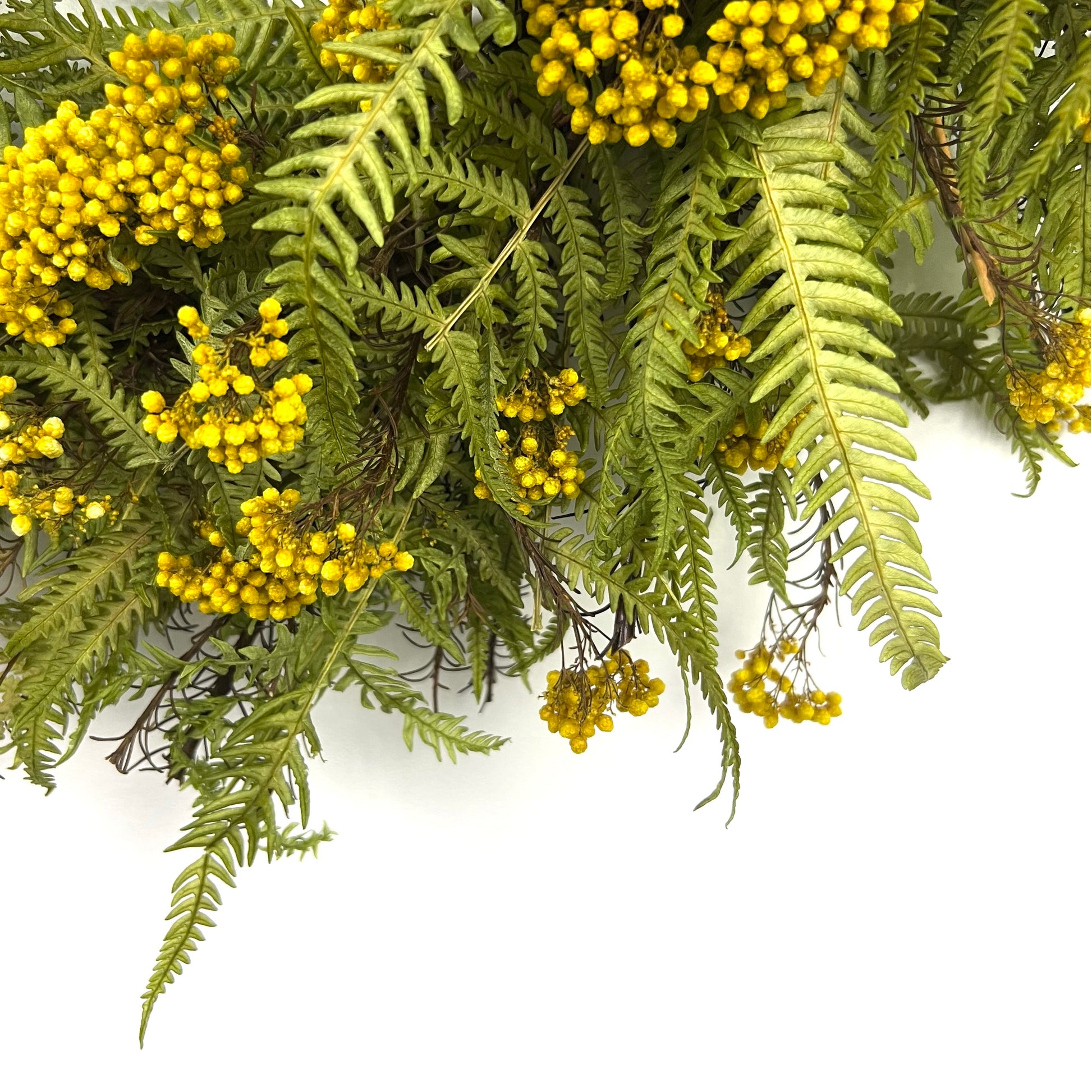 a closeup view of the yellow preserved natural wreath consisted of rice flower and fern