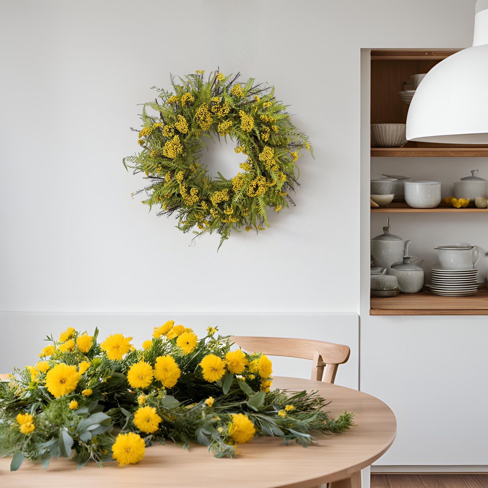 a rice flower and fern wreath hanging on the white wall in the dining room with lots of yellow flowers on the table