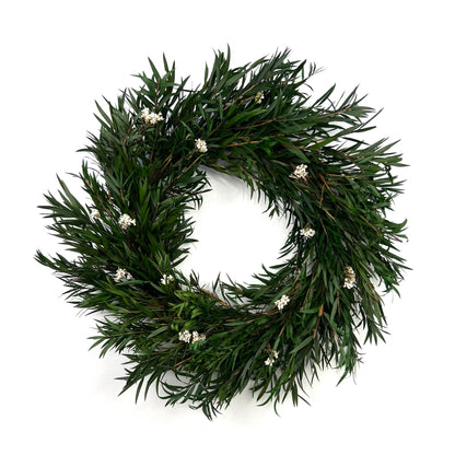 preserved farmhouse bottlebrush wreath with white daisy flowers for all seasons